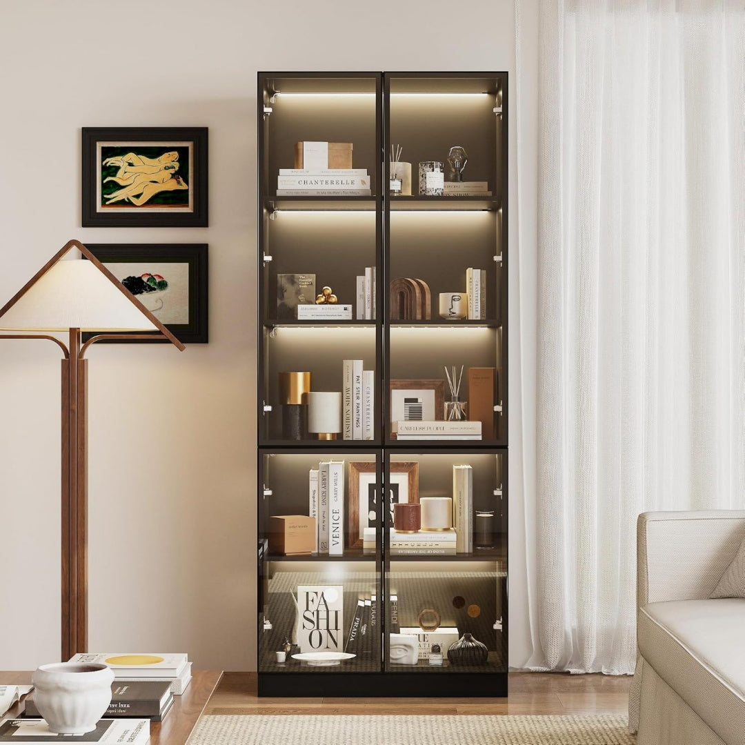 Vitrine gris clair, verre trempe, 80 x 36 x 200 cm, rangement intelligent