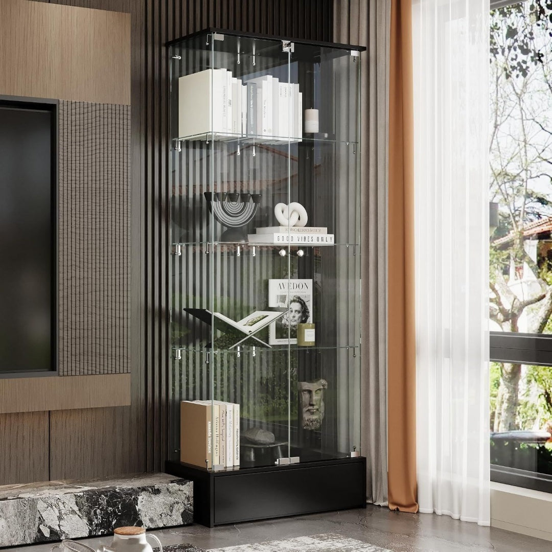 Vitrine design epure, teinte gris, rangement optimise verre