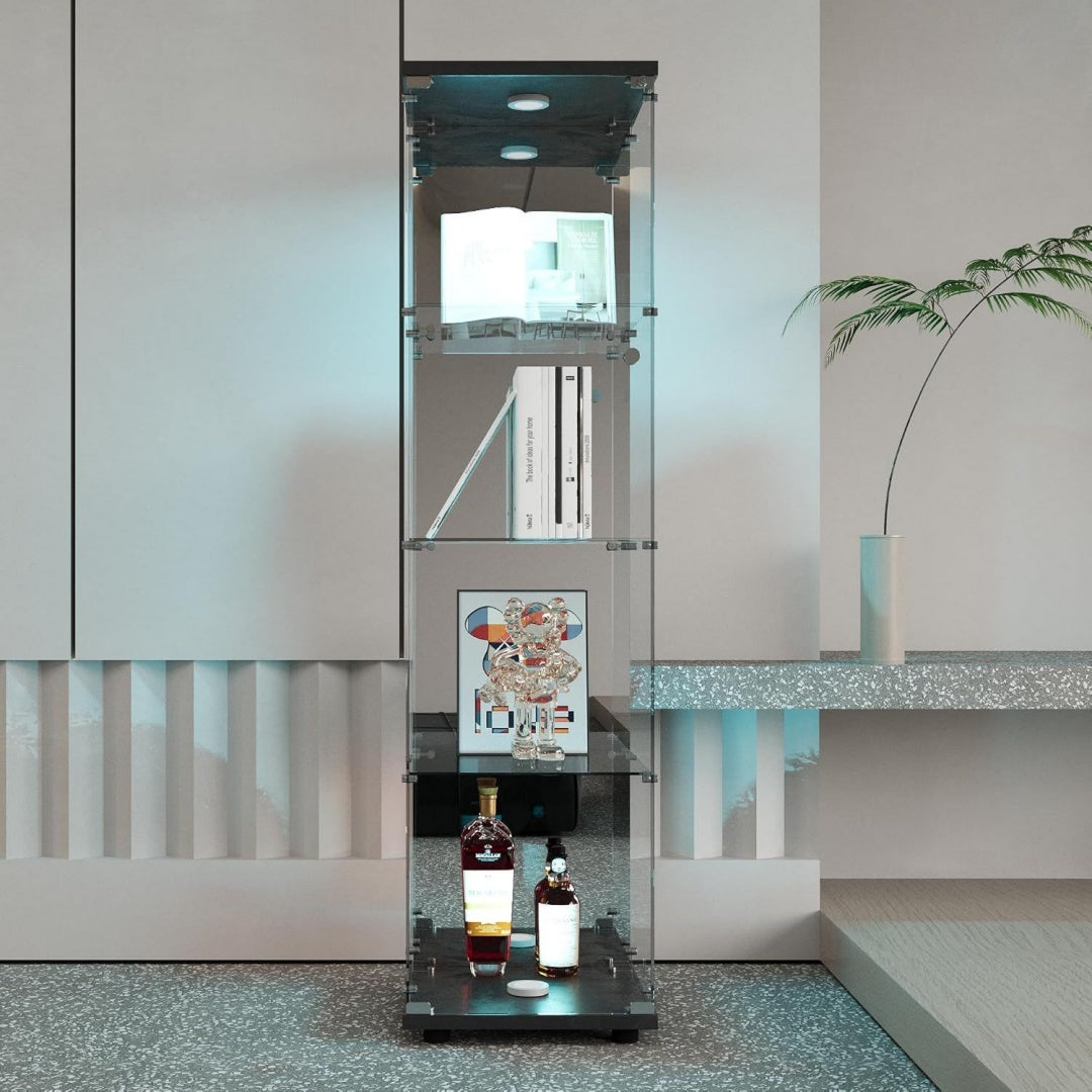 Vitrine en verre trempe, couleur gris avec une porte