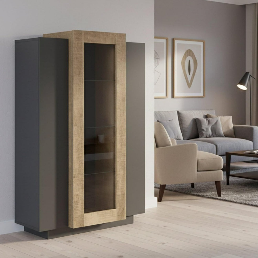 Bois et metal, vaisselier gris fonce style moderne